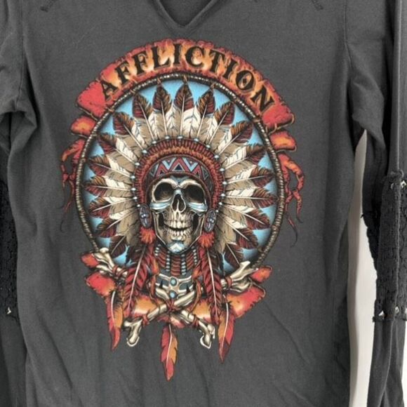 Affliction Women’s Studded Thermal LS T Shirt Cut Out Skeleton Headdress Small - Picture 8 of 8